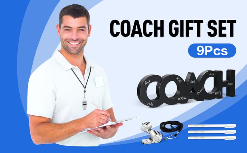 Amyhill 9 Pcs Coach Gifts Football Soccer Coaches Gifts Thank You Coach Wood Sign Whistle Stainless Steel Whistle with Rope White Marker Pen Christmas Thanksgiving Gift for Men Women Football Sports