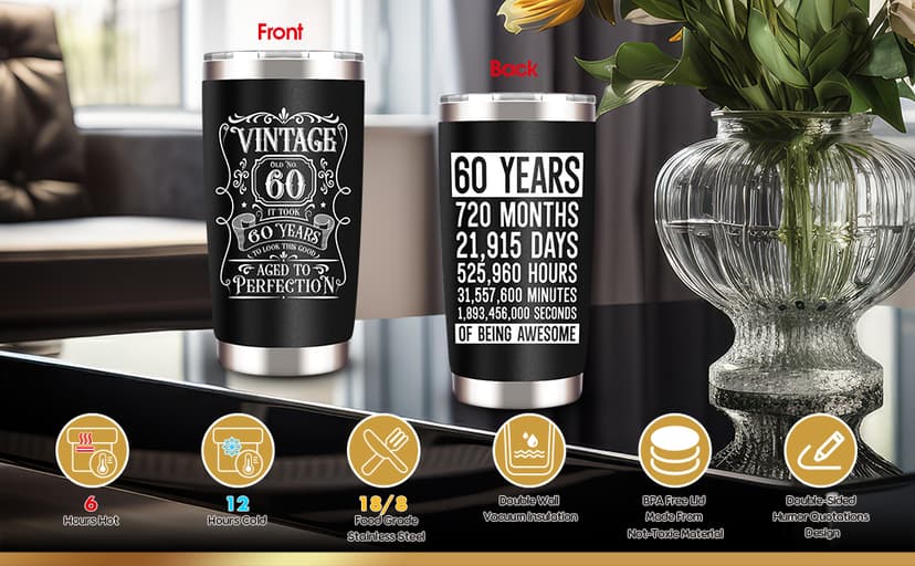 60th Birthday Gifts for Men - Unique Box with 20 Oz Tumbler, Scented Candle, Socks, Baseball Cap for Husband, Dad, Grandpa, Friends, Teachers, Boss