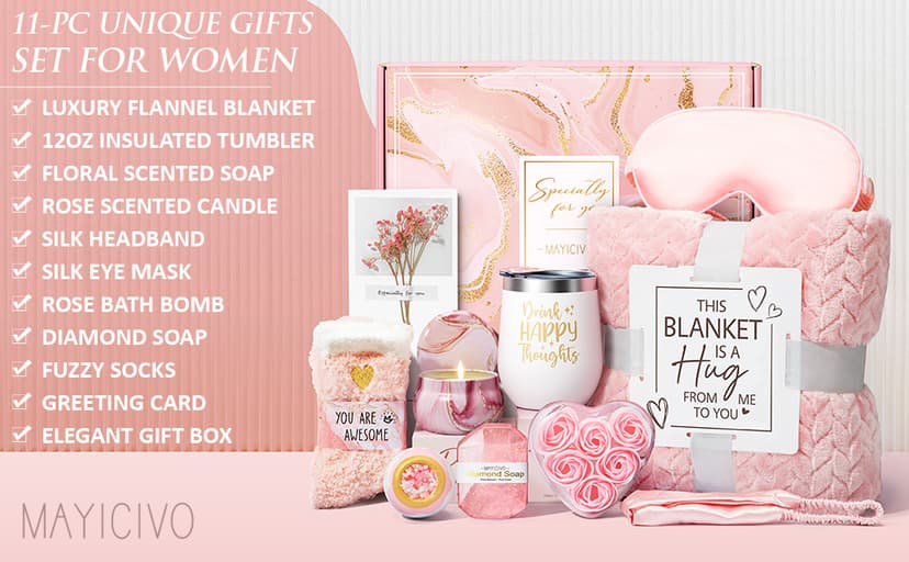 Birthday Gifts for Women Self Care Gifts Get Well Soon Gifts, Rose Relaxing Spa Gifts Basket Care Package w/ Luxury Flannel Blanket, Unique Mothers Day Gifts for Mom Her Friend Sister Wife Grandma
