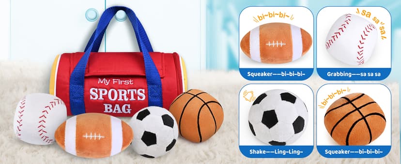 KMUYSL Baby Toys 0-12 Months, My First Sports Bag Plush Toy - 4 Sensory Balls Soft Toys with Crinkle, Rattles for 0-3-6-9-12 Month Newborn Infant, 1st Birthday for Babies Boys Girls Age 1