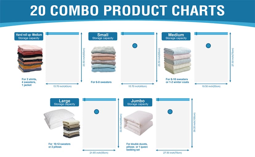 20 Pack Vacuum Storage Bags, Space Saver Bags (4 Jumbo/4 Large/4 Medium/4 Small/4 Roll) Compression for Comforters and Blankets, Sealer Clothes Storage, Hand Pump Included