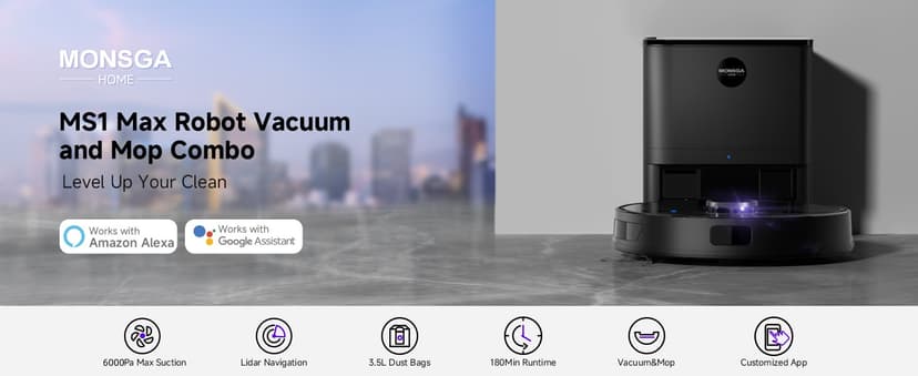 MONSGA Robot Vacuum and Mop Combo, 6000Pa Robotic Vacuum with 3.5L Self Emptying Station, Lidar Navigation Robot Vacuum Cleaner, 180mins Runtime, APP/Remote/Voice Control, for Hard Floors and Carpets