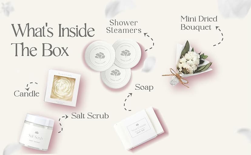 Sweet Coconut Spa Gift Set for Women – Relaxation Gift Basket with Candle, Soap, Salt Scrub & Shower Steamers – Birthday, Thank You, Bridal Shower & Self Care for Mom, Wife, Sister, Friend