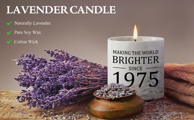50th Birthday Gifts for Her - Gift for 50 Year Old Birthday Woman - 1975 Bday Gifts for Women - 50 Year Old Present Idea for Her Him, 6oz Lavender Ceramics Candle