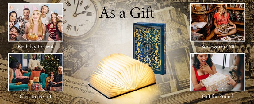 Book Lovers Gifts BookLamp - 5 Color Lights, 1200mAh Battery, Foldable Paper Lamp as Book Decor & Accessories, Hot Foil Cover Design, Unique Gifts for Women or Friends & Christmas