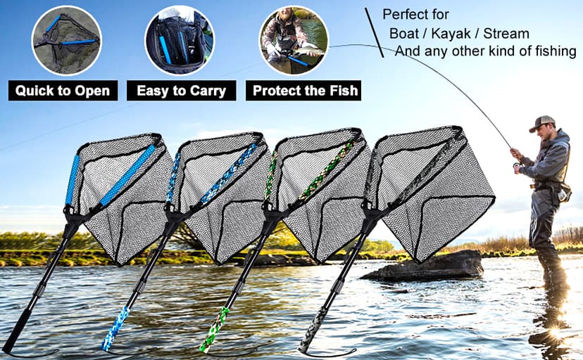 PLUSINNO Fishing Net Fish Floating Landing Net, Kayak Nets with Fixed Foldable Telescopic Pole Handle, Bass Trout Fishing Nets with Nylon Mesh for Pond Lake River, Fishing Gear Gifts for Men