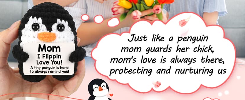Birthday Gifts for Mom from Daughter Son, Handmade Crochet Mini Penguin Mom Gifts for Birthday Christmas Mama Mother in Law Bonus Step Mothers, Funny I Love You Mum Present Emotional Cute Decor