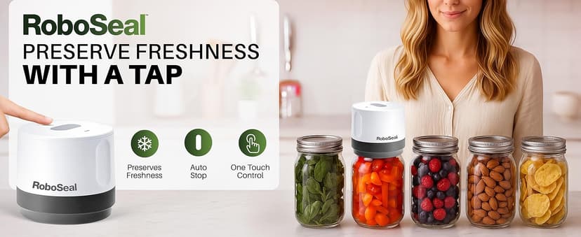 RoboSeal Rechargeable Mason Jar Vacuum Sealer for Mason Jars Wide & Regular Mouth, One Touch Operation, 10 Jar Lids and Jar Opener Included, Digital Battery Indicator, Preserves Foods 5x Longer