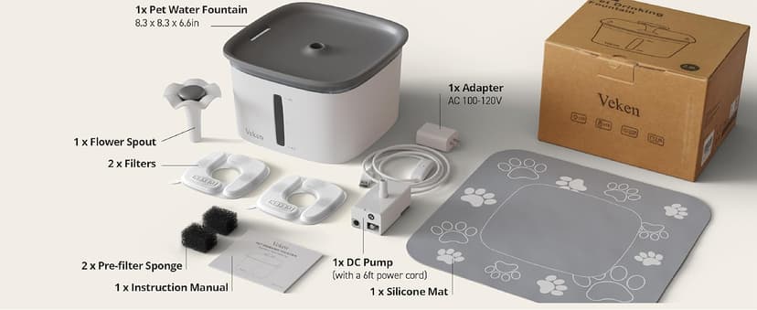 Veken Innovation Award Winner 95oz/2.8L Pet Fountain, Automatic Cat Water Fountain Dog Water Dispenser with Replacement Filters for Cats, Dogs, Multiple Pets (Grey, Plastic)