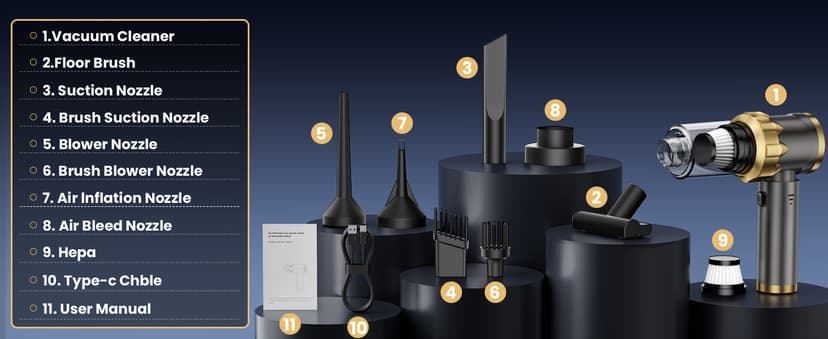 Car Vacuum Portable Cordless - Handheld Vacuum Cleaner with 16000PA Strong Suction, 7-in-1 Air Duster/Blower, Rechargeable Mini Vacuum with Long Battery, Multi-Nozzles for Car,Home, Office, Pet