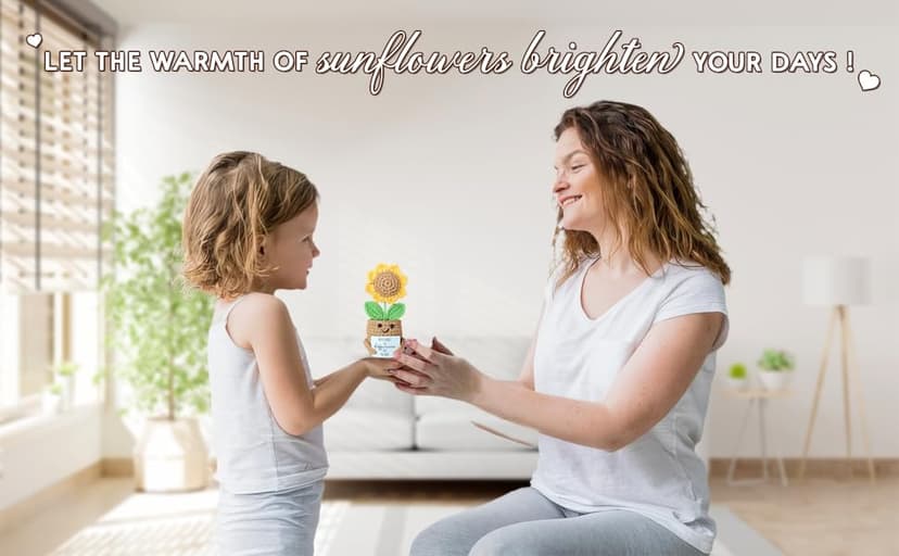 Mini Sunflower Crochet Gift with Card for Women Best Friend, Soul Sister, Long Distance Pal, Friends Are the Family You Choose, Cute Decor for Birthday, Christmas for Bestie, BFF, Coworker