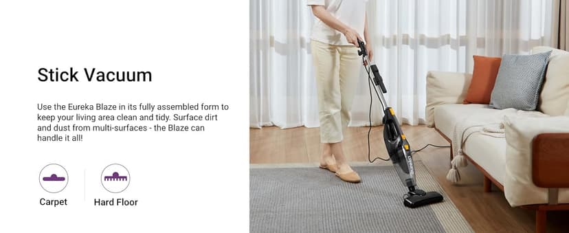 Eureka Blaze Stick Vacuum Cleaner, Powerful Suction 3-in-1 Small Handheld Vac with Filter for Hard Floor Lightweight Upright Home Pet Hair, Dark Black