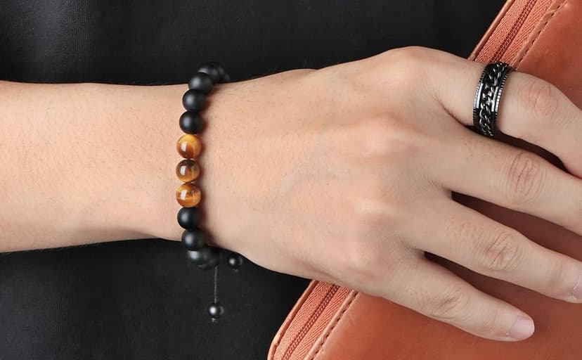 JoycuFF Gifts for Men Natural Tiger Eye Black Matte Agate Bracelets, Christmas Birthday Gifts for Boyfriend Husband Brother from Girlfriend Wife, To My Man Bead Bracelets