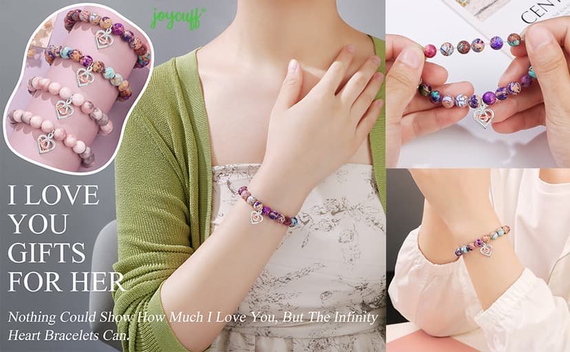 𝗚𝗶𝗳𝘁𝘀 𝗳𝗼𝗿 𝗪𝗼𝗺𝗲𝗻 𝗜𝗻𝗳𝗶𝗻𝗶𝘁𝘆 𝗟𝗼𝘃𝗲 𝗛𝗲𝗮𝗿𝘁 𝗕𝗿𝗮𝗰𝗲𝗹𝗲𝘁 Christmas Birthday Gifts for Sister Daughter Granddaughter Grandma, Natural Colorful Imperial Jasper Bracelet for Mom Wife Nana Aunt