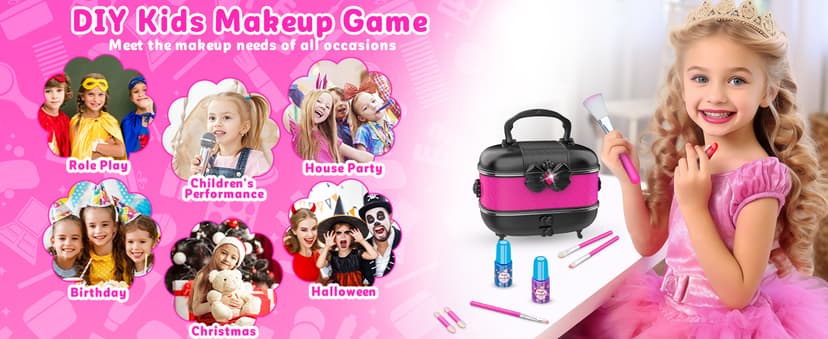 Hollyhi 58 Pcs Kids Makeup Kit for Girl, Princess Toys Real Washable Cosmetic Set with Mirror, Kids Makeup Sets for Girls, Play Make Up Birthday Gifts for 3 4 5 6 7 8 9 10 11 12 Years Old Kid (Rose)
