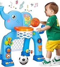 Toddler Basketball Hoop & Soccer Goal, Toys for 1 2 3 Year Old Boys Girls, Kids Sports Toy with Light Sound Music, Montessori Toys for Baby 12-18 Months, Christmas Birthday Gifts for Ages 1-3(Blue)