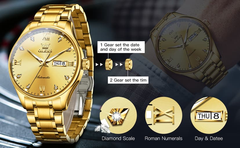 OLEVS Automatic Watches for Men Self Winding Mechanical Wristwatch Luxury Business Dress Stainless Steel Luminous Waterproof Calendar Mens Watch