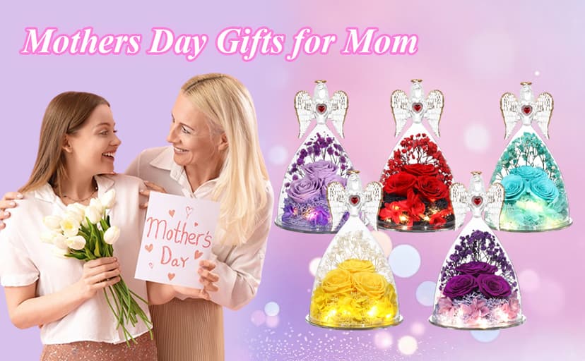 Mothers Day Rose Gifts for Women, Large Angel Figurines with Real Roses, Preserved Real Flower Rose for Her - Red