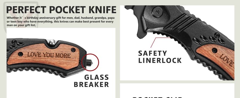 Gifts for Him Men Husband, Christmas Stocking Stuffers, Anniversary Birthday Gifts ideas for Him, Engraved Pocket Knife, Wooden Handle Folding Knife with Wood Box, Unique Outdoor Camping Hiking Tool