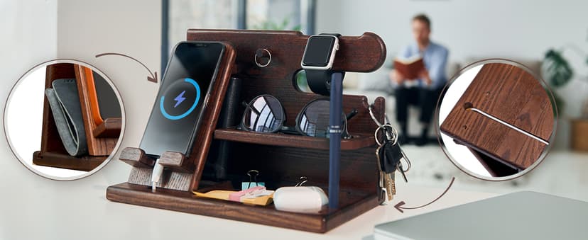TESLYAR Wood Phone Docking Station for Men - Desk or Nightstand Organizer - Birthday Gifts for Husband, Dad - Anniversary Idea from Wife - Key Holder, Stand Wallet, Watch & Essentials (Bourbon Brown)