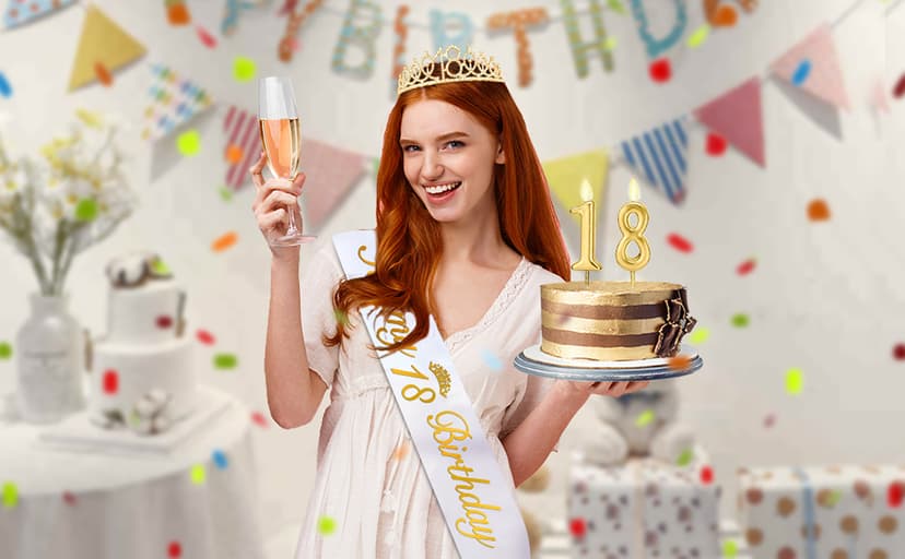 18th Birthday Decorations for Girls with 18th Birthday Sash White and Tiara Gold, Number Candles Gold, 18 Year Old Girl Gifts