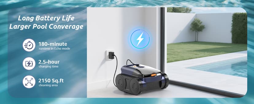 (2025 New) Cordless Robotic Pool Cleaner, Robotic Pool Vacuum for Inground Pools, Floor, Wall, Waterline and Drain Cleaning, 180 min Battery Life for Pool Up to 2150 Sq.ft