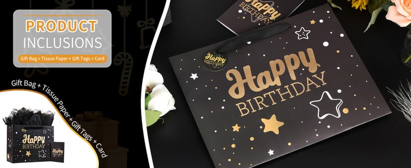 Black Birthday Gift Bag with Tissue Paper and Greeting Card, 13'x10.2'x4.9', Medium (1-Piece Set, Black Starry Sky, Unisex, Includes Card, Ribbon, Crinkle Paper)