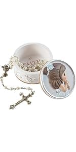 Precious Moments Baptized In His Name Resin Box with Rosary – Keepsake Baptism Gift for Baby Girl – Hand-Painted Religious Figurine, 153406