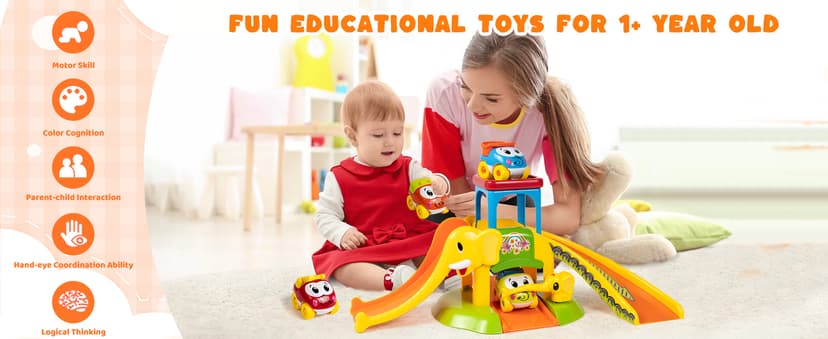 Marstone Toddler Toys for 1 2 Year Old Boys and Girls Gifts: Educational Elephant Slide with 4 Animal Cars Toys for Baby 12-18 Months, First Birthday Present Learning Push Truck Track Ages 1-2