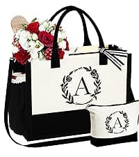 YOOLIFE Beach Bags for Women - Initial Canvas Tote Waterproof Bag with Makeup Bag Gifts for Women Mom Friend Birthday Her