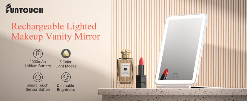 FUNTOUCH Rechargeable Travel Makeup Mirror with 72 Led Lights, Portable Lighted Beauty Mirror, 3 Color Lighting, Dimmable Touch Screen, Tabletop LED Folding Cosmetic Vanity Mirror