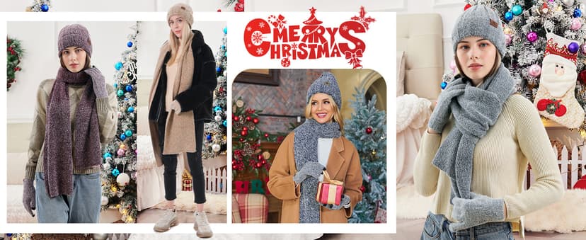 Womens Winter Warm Knit Beanie Hat Touchscreen Gloves Long Neck Scarf Set with Fleece Lined Skull Caps Gifts for Women