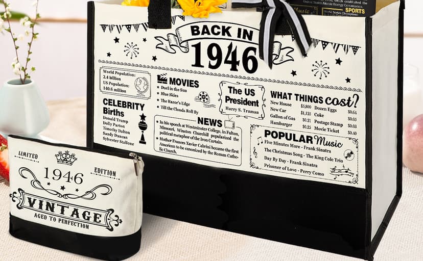 YeohJoy 80th Birthday Gifts for Women Canvas Tote Bag Travel Gear, Unique 80 Years Old Birthday Gifts for Mom Wife Aunt Friends Her, Vintage 1945 Handbag & Cosmetic Bag & Back in 1945 Poster
