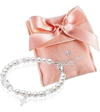 Baby Crystals Pearl Bracelets for Girls, Sterling Silver Cross Charm, Baptism Gifts for Girl, Baby Bracelet with Simulated White Pearls and Crystals, Girls Jewelry Birthday Gift