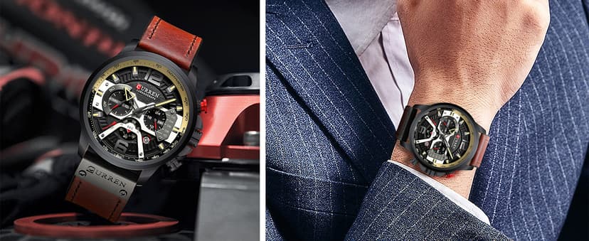 FANMIS Mens Luxury Watches Business Chronograph Dress Waterproof Leather Strap Analog Quartz Wrist Watch