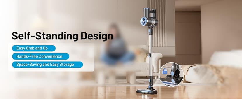 Cordless Vacuum Cleaner with Self-Standing, LED Screen Stick Vacuum Cleaners for Home, Lightweight Powerful Suction Vacuum, 6-in-1 Rechargeable Vacuum for Carpets, Pet Hair, Hardwood Floors
