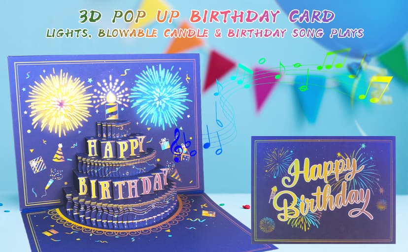 UPGRADED 3D Pop Up Firework Birthday Cards, Musical LED Lights Birthday Cards with Blowable Birthday Cake, Greeting Cards, Birthday Gifts for Mom Women Men Kids Child Dad Father Wife