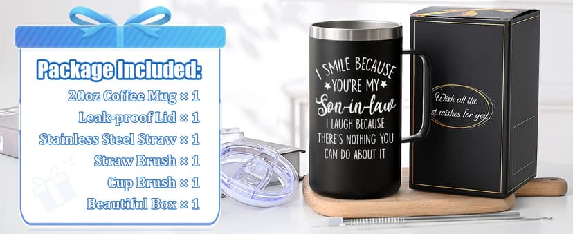 Lifecapido Son in Law Gifts, I Smile Because You’re My Son-in-law 20oz Insulated Coffee Mug, Birthday Christmas Gifts for Son in Law, Black