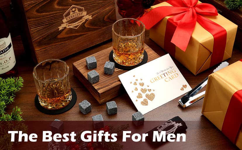 Whiskey Stones Gift Set - Whiskey Glass Set of 2 - Granite Chilling Whiskey Rocks - Scotch Bourbon Box Set -Father's Day Birthday Gifts for Men Drinking Gift for Dad Him Husband Party Holiday Present