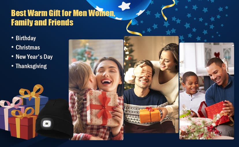 MELASA Unisex Hat with Light, USB Rechargeable Hands Free Headlamp LED Beanie, Winter Gifts for Men Dad Father Husband Him