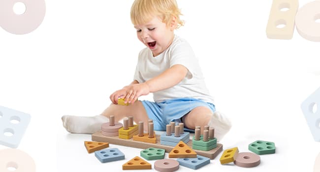 PEBIRA Montessori Toys for 1 2 Year Old, Wooden Sorting and Stacking Toys for Toddlers, Baby Shape Sorter and Color Stacker Blocks for Toddler, Preschool Learning Toy, Gift for 12-18 Month Boys Girls