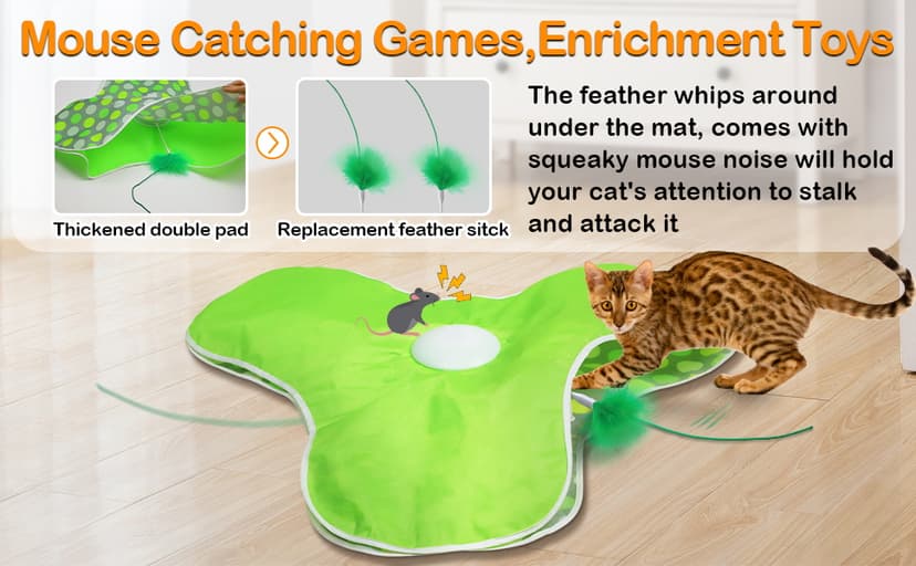 Interactive Cat Toys Rechargeable,Moving Concealed Feathers,Real Mouse Squeaky,Touch Activated Cat Kitten Toy Exercise Toys for Indoor Bored Adult Cats