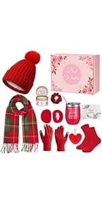 Patelai 11 Pcs Birthday Basket Gifts Set for Women Knitted Winter Beanie Hat Gloves Scarf Earmuff Tumbler Candle Fleece Socks