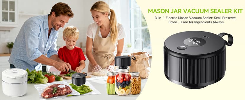 Upgraded 3-in-1 Electric Mason Jar Vacuum Sealer Kit for Mason Jars, Food Savers & Containers | Food Preservation System for Kitchen | Ideal for Canning Jams, Pickles, Dry Foods, Grains & Leftovers