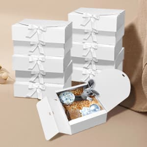 10 PCS Gift Boxes with Lids, 10.6x7.8x3.1 Inch Kraft Paper Gift Box, White with Ribbon, Bridesmaid Proposal Box for Wedding, Packaging, Present, Birthday, Cupcake