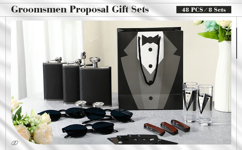 Tioncy 48 Pcs Groomsmen Proposal Gift 8 Engraved Pocket Knife 8 Groomsmen Gift Bags 8 Shot Glasses with Tuxedos 8 Stainless Steel Hip Flask 8 Poker Card Bottle Opener 8 Sunglasses