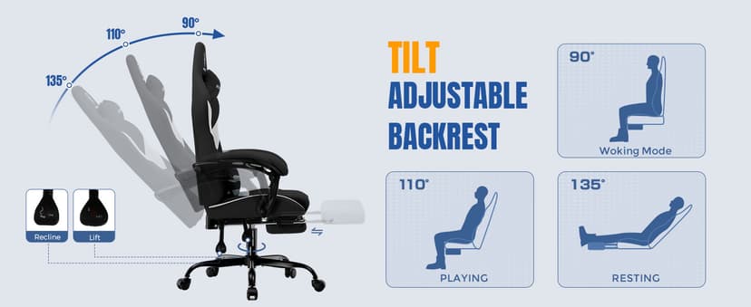 GTRACING Gaming Chair Ergonomic Office Chair with Foot Rest & Pocket Spring Cushion, Breathable Fabric Computer Chair with Headrest & Lumbar Support, High Back Game Chair for Adults, Coal-Black