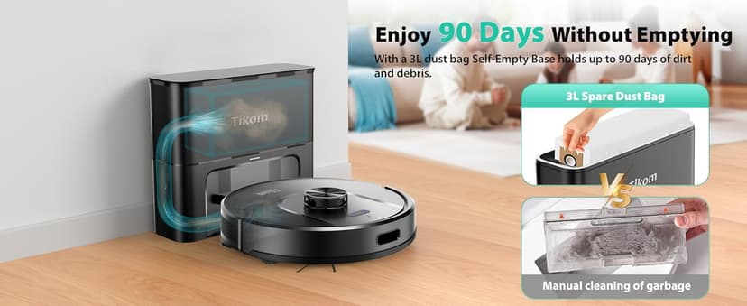 Tikom Robot Vacuum and Mop, 6000Pa Robotic Vacuum Cleaner with Self-Emptying Base, 90 Days Capacity, LiDAR Navigation, Home Mapping, Ideal for Pet Hair, Hard Floors, Carpet (L8000 Plus)