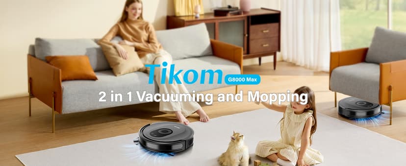 Tikom Robot Vacuum and Mop Combo, 5000Pa Robotic Vacuum Cleaner, 150 Min Max, App & Remote Control, Ideal for Hard Floor, Carpet, Pet Hair, Self-Charge(G8000 Max)