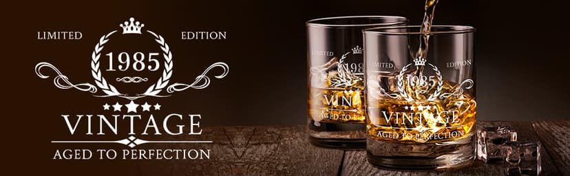 40th Birthday Gifts for Men Whiskey Glass Set - 40th Birthday Decorations, Party Supplies - 40 Year Anniversary, Bday Gifts Ideas for Him, Dad, Husband, Friends - Wood Box & Whiskey Stones & Coaster